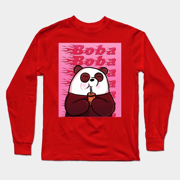 Pink Aesthetic Panda with Boba Long Sleeve T-Shirt by RoserinArt